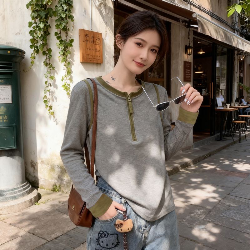 撞色遮肉小眾寬鬆半拉鏈顯瘦百搭長袖T恤