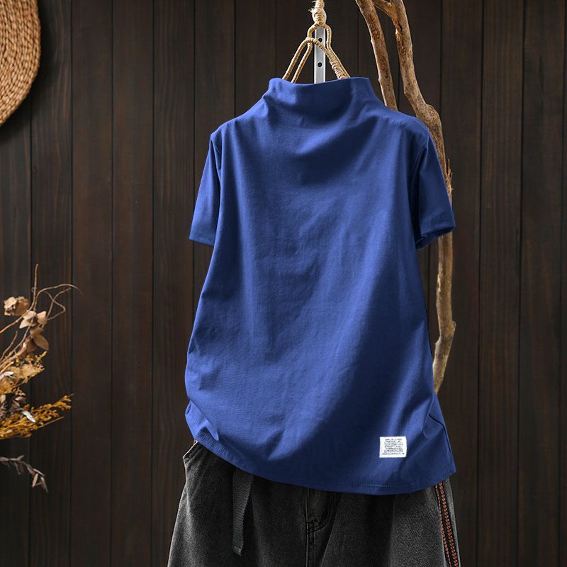 顯瘦印花純棉百搭休閒半高領短袖T恤-HaloBless