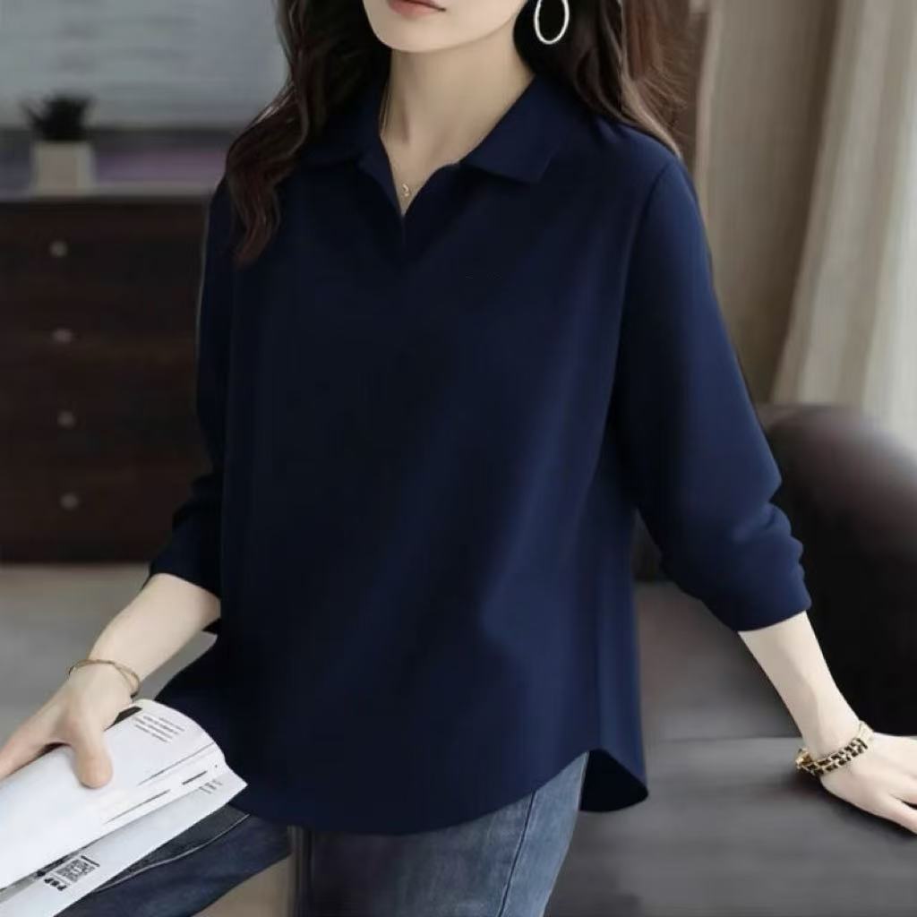 圓弧形下擺薄款Polo領百搭棉質長袖T恤