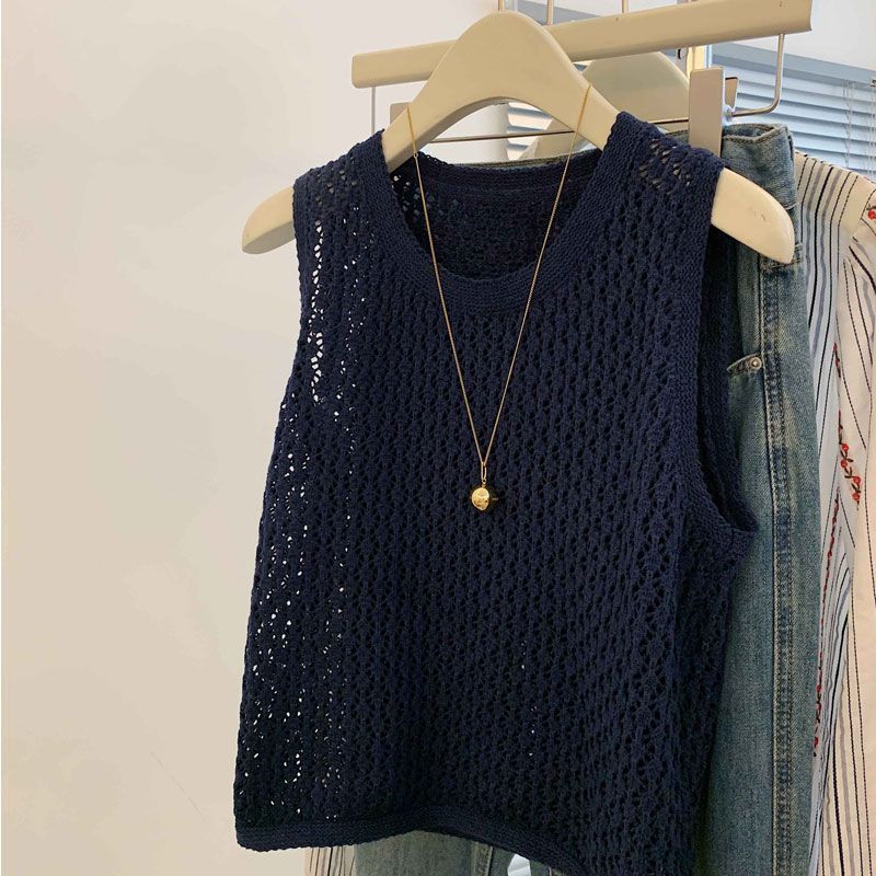 韓系鏤空寬鬆顯瘦薄款無袖針織背心-HaloBless