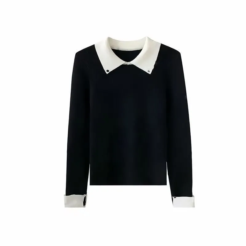 復古翻領拼接撞色內搭顯瘦修身針織毛衣