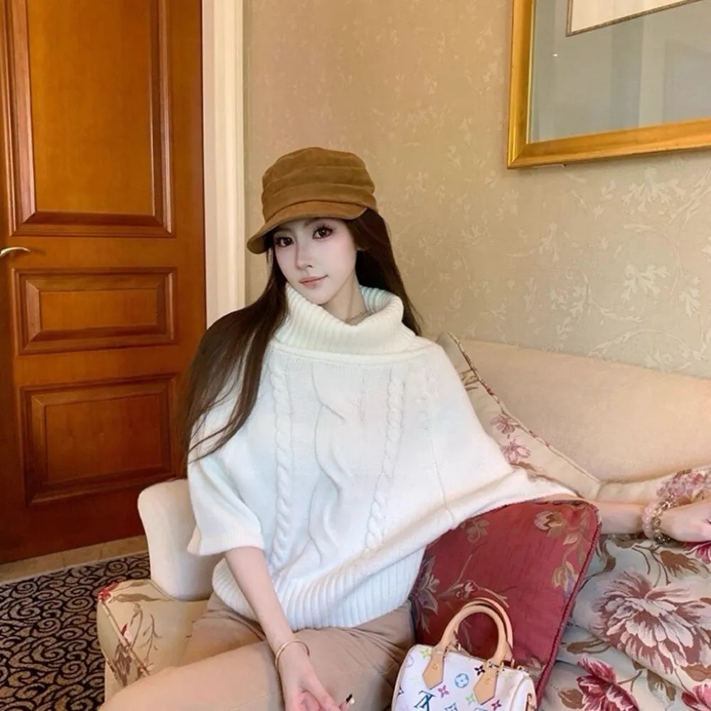 麻花斗篷氛圍針織衫復古寬鬆中袖高領毛衣