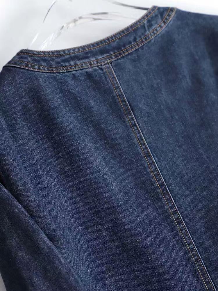 氣質色時尚休閒通勤藍色牛仔開衫短款外套-HaloBless