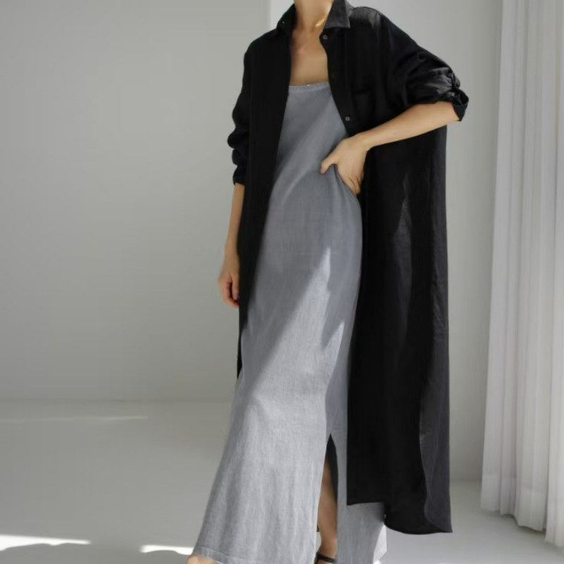 寬鬆休閒文藝顯瘦素色氣質翻領洋裝-HaloBless