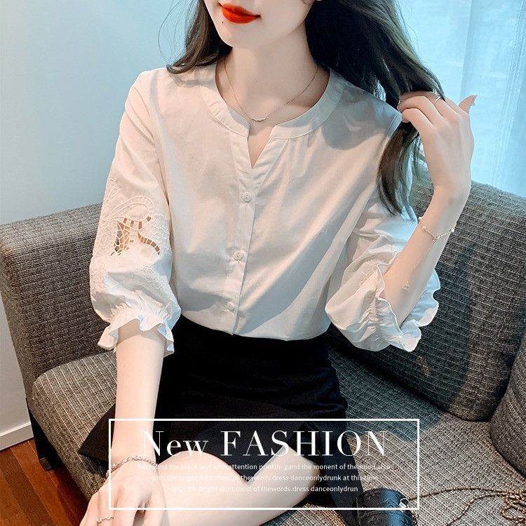 鏤空刺繡泡泡袖別緻五分袖雪紡襯衫