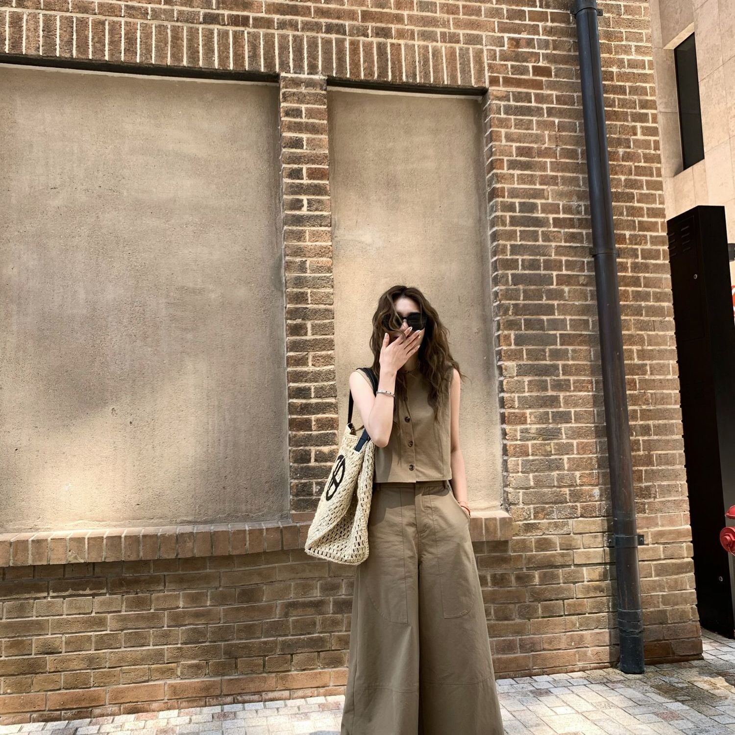 【單件/套裝】極簡設計兩穿無袖背心+寬鬆闊腿褲兩件套裝-HaloBless