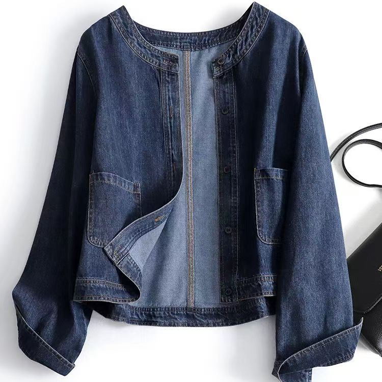 氣質色時尚休閒通勤藍色牛仔開衫短款外套-HaloBless