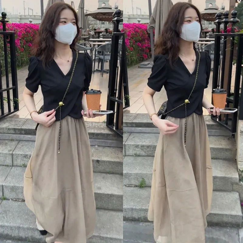 【單件/套裝】時尚流行短袖A字半身裙兩件套裝-HaloBless