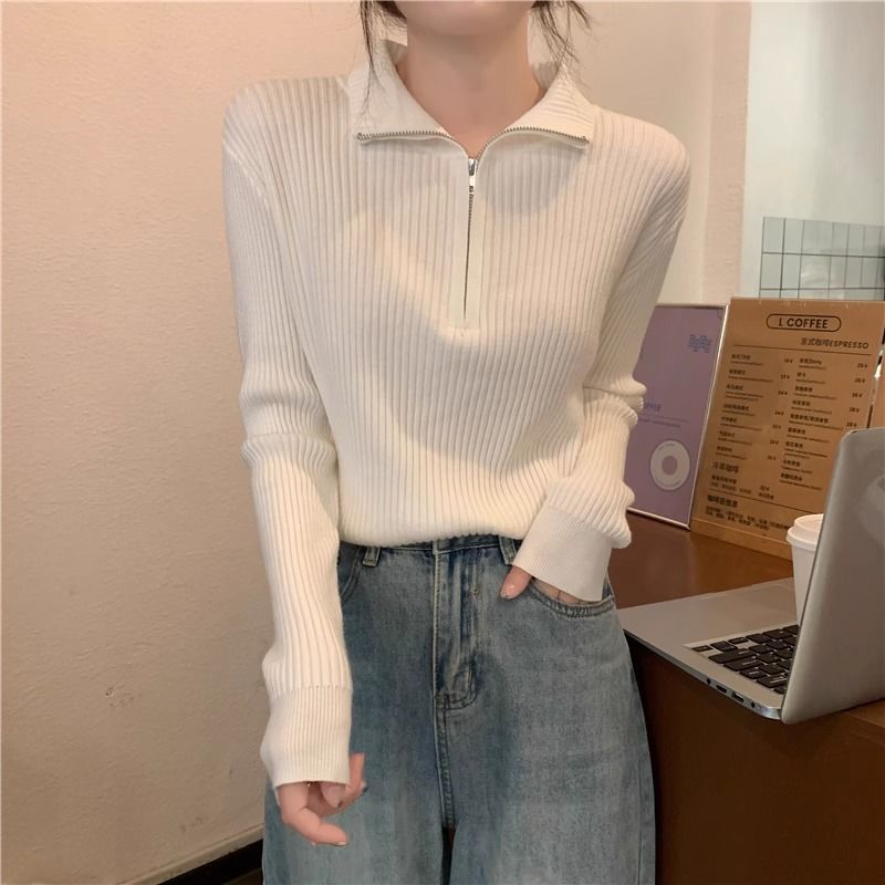慵懶風半拉鍊高領寬鬆顯瘦內搭長袖針織衫