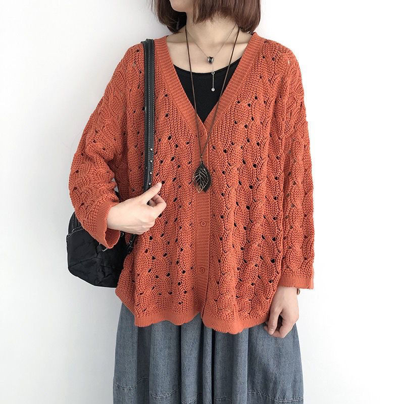 鏤空大碼顯瘦網眼長袖針織衫開衫-HaloBless