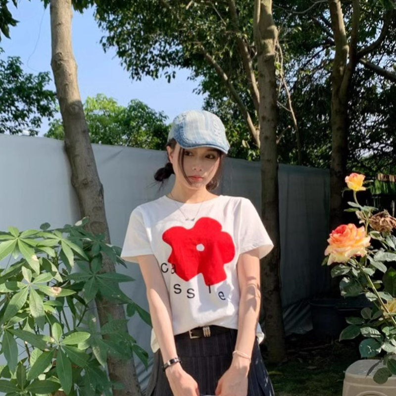 【單件販售】韓系穿搭甜美減齡印花短袖T恤+高腰學院風百搭半身裙兩件套