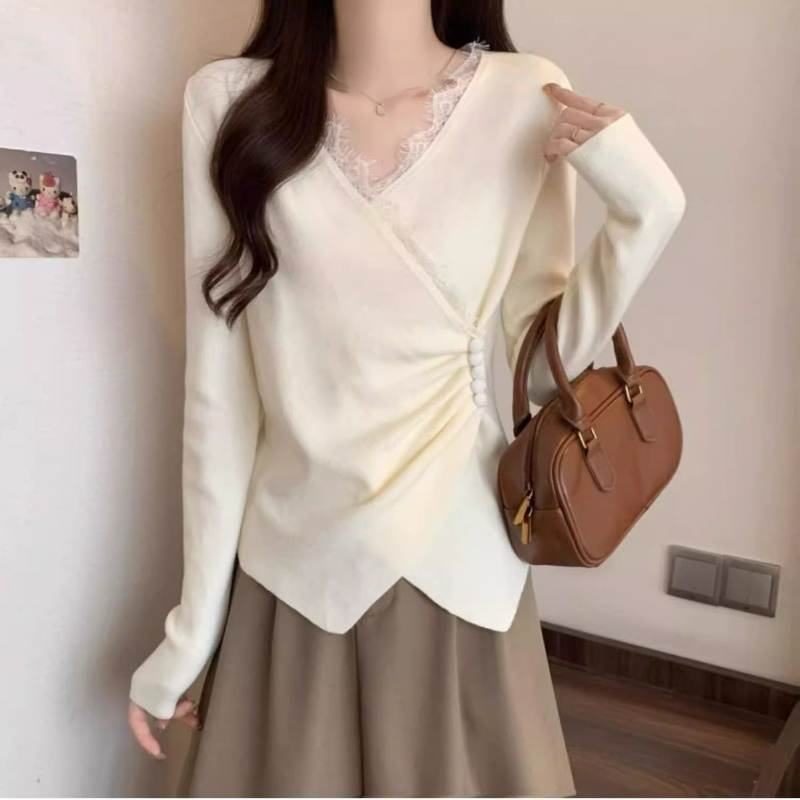 大碼德絨蕾絲拼接V領不規則交叉長袖T恤