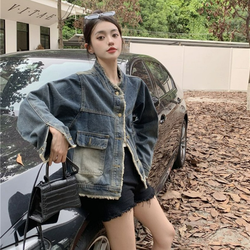 復古毛邊寬鬆顯瘦夾克水洗牛仔外套