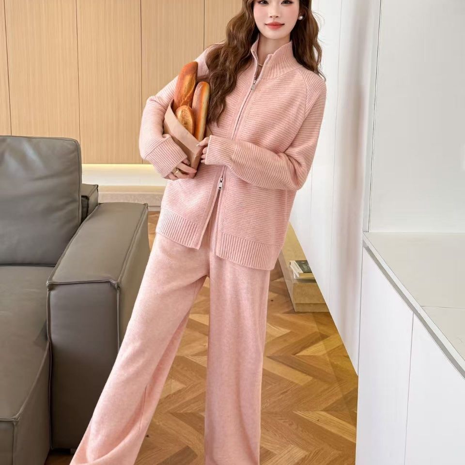 【整套】韓系拉鏈翻領針織衫+休閒闊腿褲兩件套
