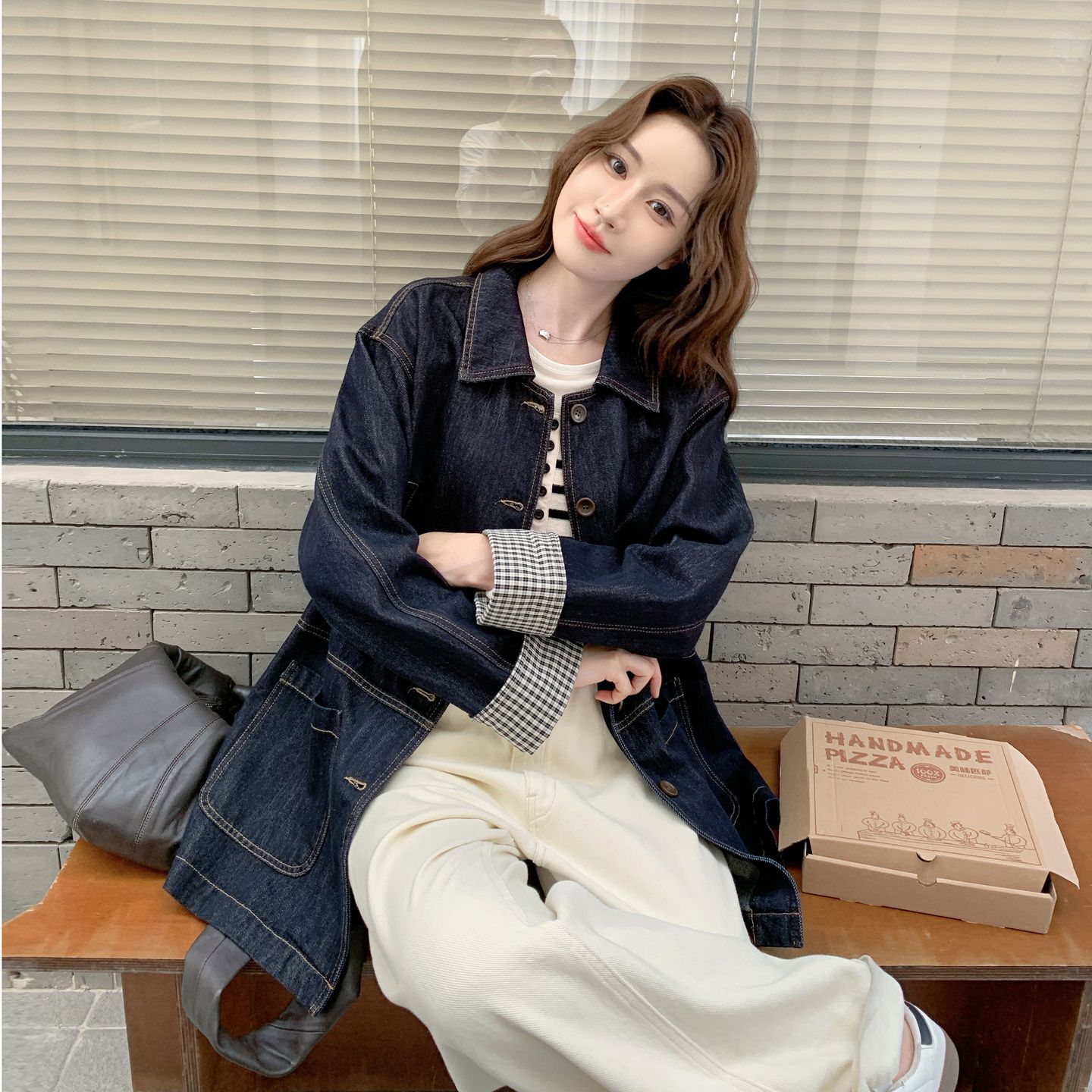 拼接寬鬆顯瘦百搭夾克中長款牛仔外套-HaloBless