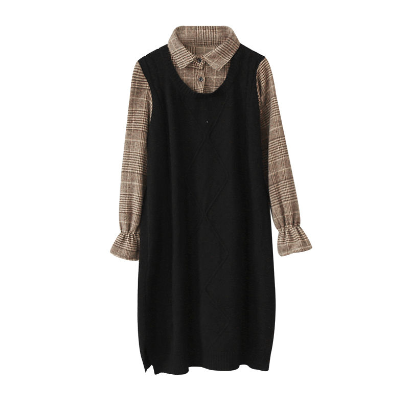 韓版氣質假兩件襯衫領針織拼接中長款連身裙-HaloBless