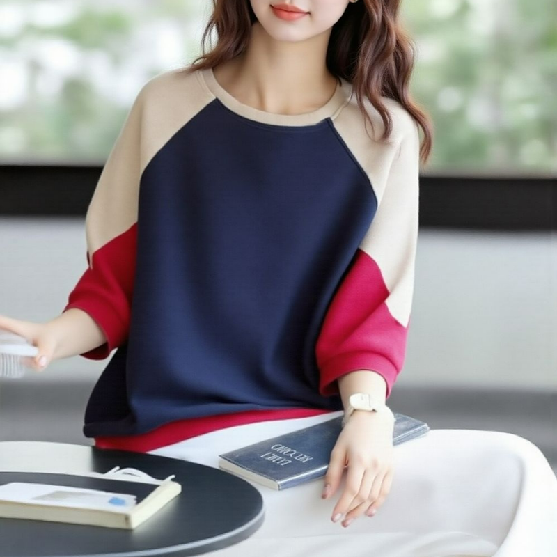 純棉寬鬆圓領文藝休閒五分袖大碼撞色長袖-HaloBless