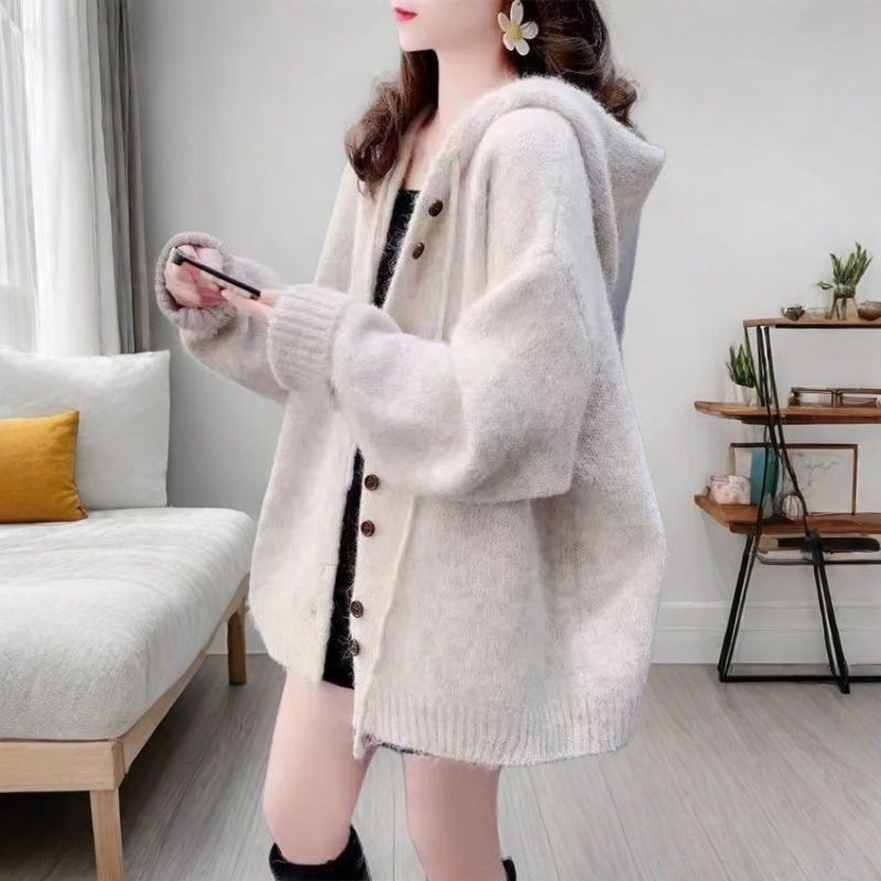 慵懶風百搭韓版寬鬆連帽針織開衫