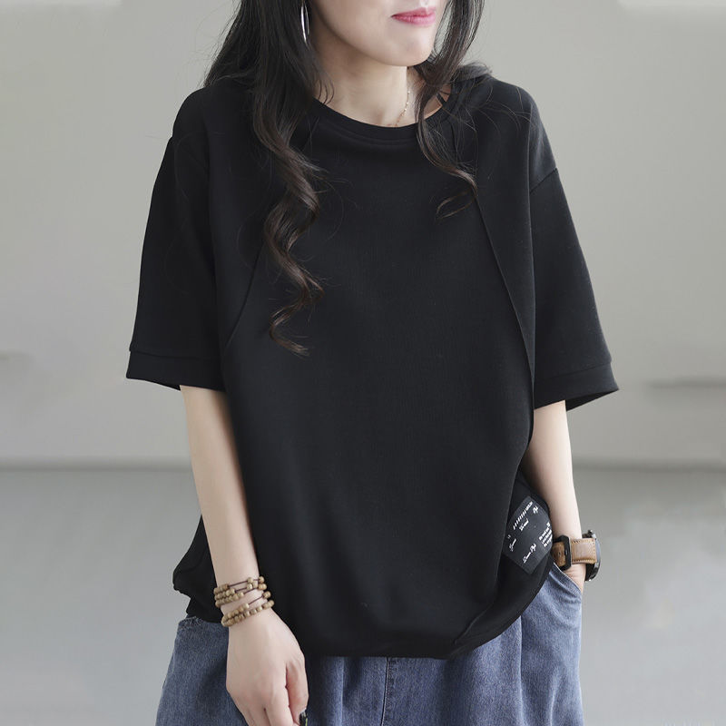 文藝純棉寬鬆復古圓領拼接短袖T恤-HaloBless