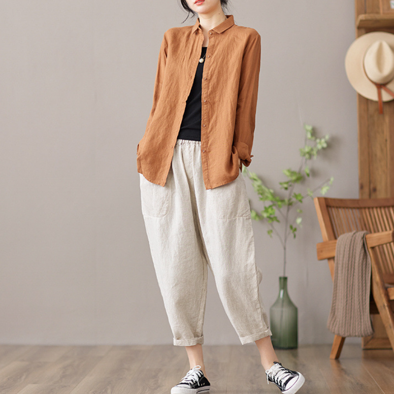 文藝復古亞麻翻領氣質長袖襯衫-HaloBless