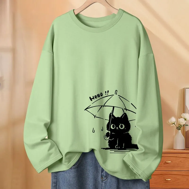 純棉薄款撐傘貓可愛圓領長袖T恤-HaloBless