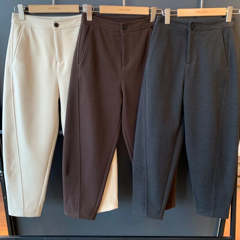 刷毛加厚高腰顯瘦蘿蔔褲休閒毛呢哈倫褲