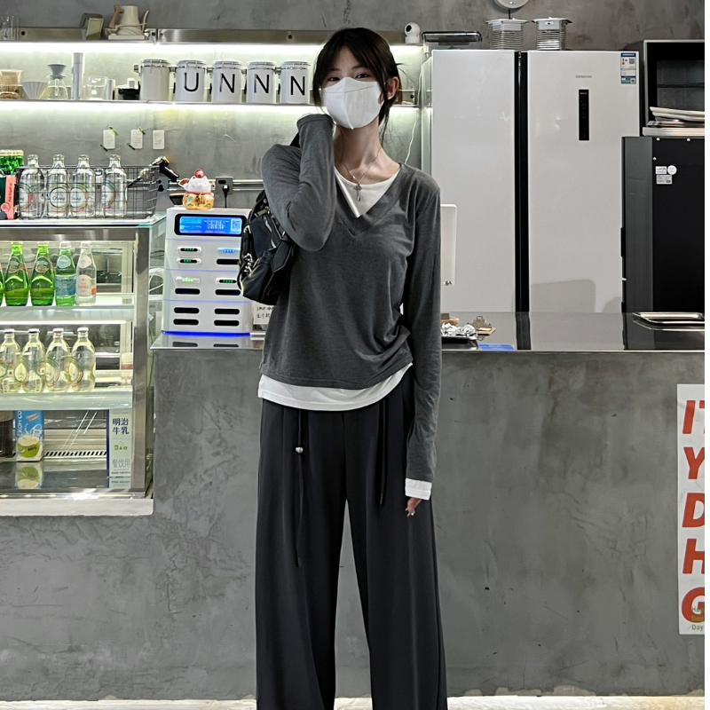 純棉假兩件純慾風內搭修身設計感長袖t恤-HaloBless