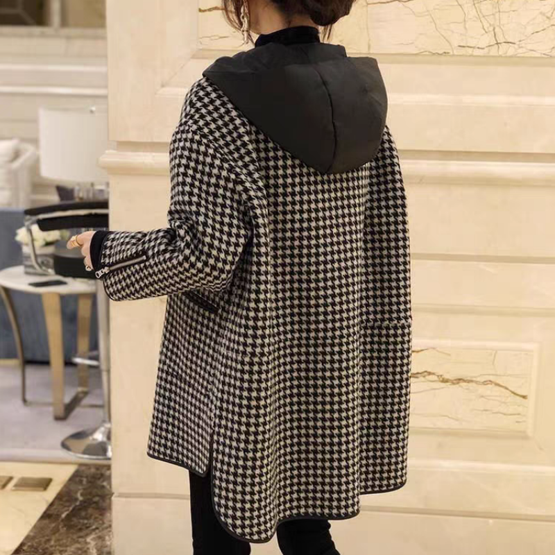 時尚寬鬆顯瘦連帽千鳥格中長毛呢外套