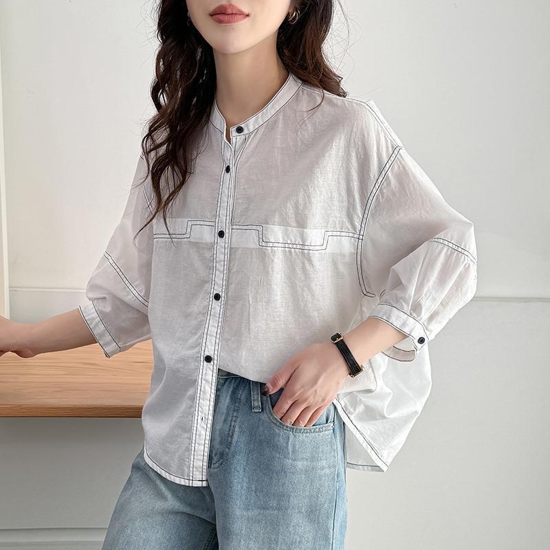 休閒寬鬆明線顯瘦中袖韓版時尚純棉襯衫-HaloBless