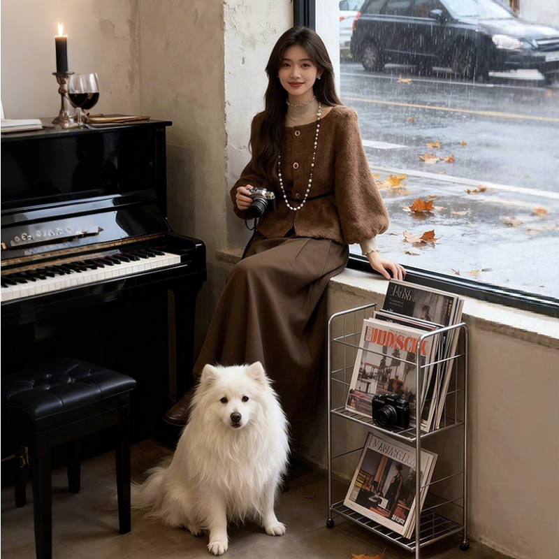 【單件/套裝】高級感氣質絕美燈籠袖上衣+咖色半身裙兩件套