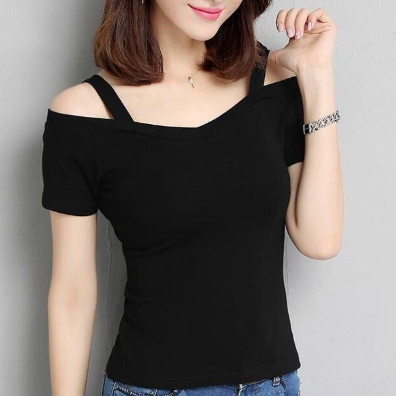 韓版設計感小眾修身一字領露肩吊帶短袖-HaloBless