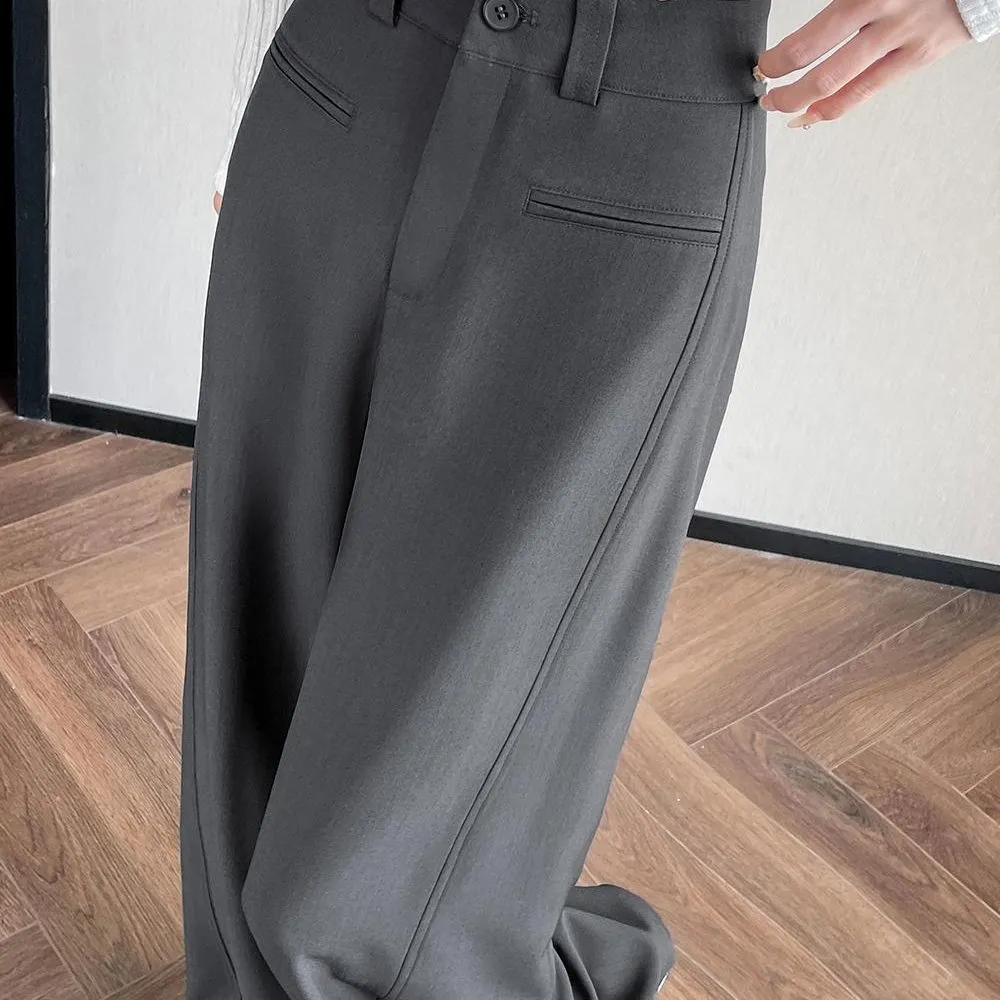 高腰顯瘦垂感高級感休閒西裝闊腿拖地褲-HaloBless