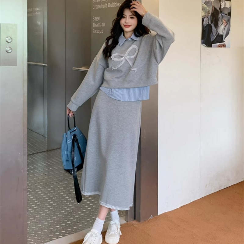 【整套】POLO領條紋拼接長袖衛衣+高腰包臀半裙兩件套裝-HaloBless