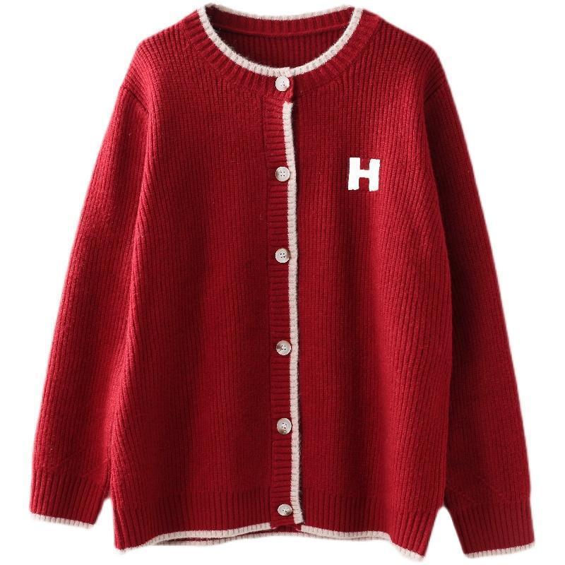 百搭文藝素色圓領單排扣寬鬆針織開衫