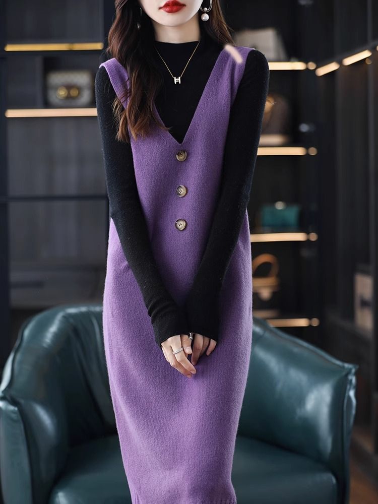 背心裙寬鬆針織無袖V領中長款馬甲連身裙-HaloBless