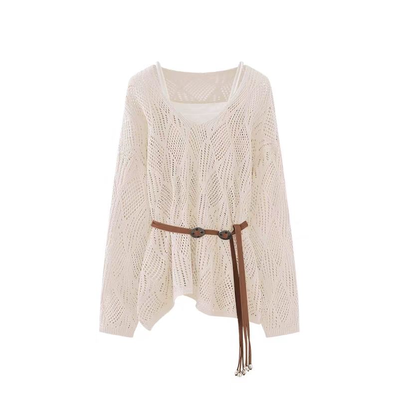 鏤空設計感純色菱形格慵懶風長袖針織罩衫-HaloBless