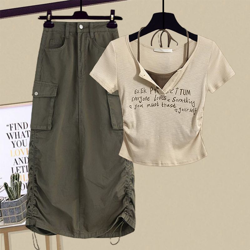 【單件/套裝】掛脖式假兩件短袖顯瘦工裝裙兩件套裝-HaloBless