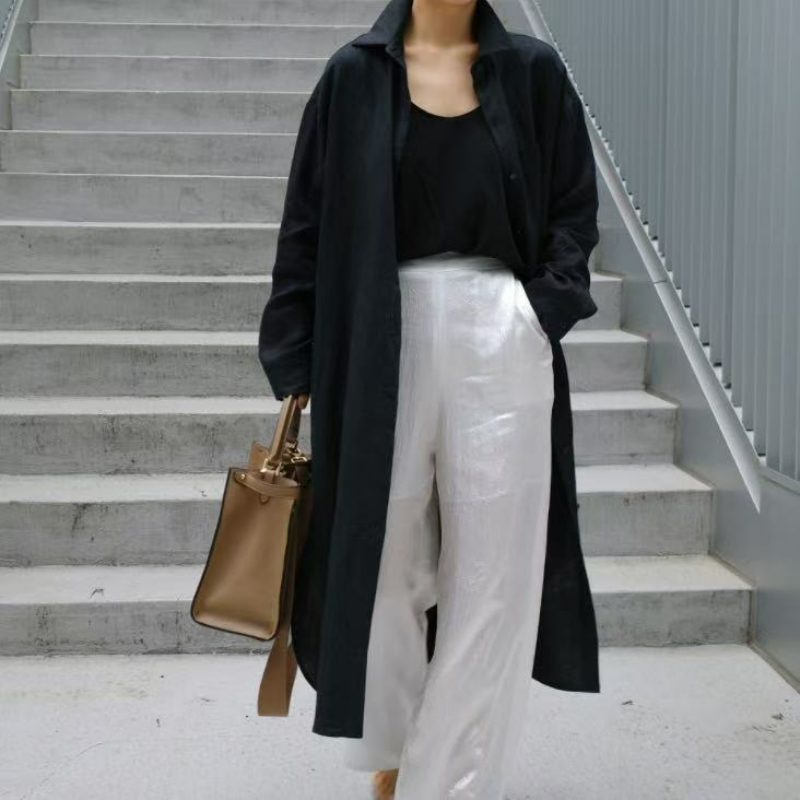 寬鬆休閒文藝顯瘦素色氣質翻領洋裝-HaloBless