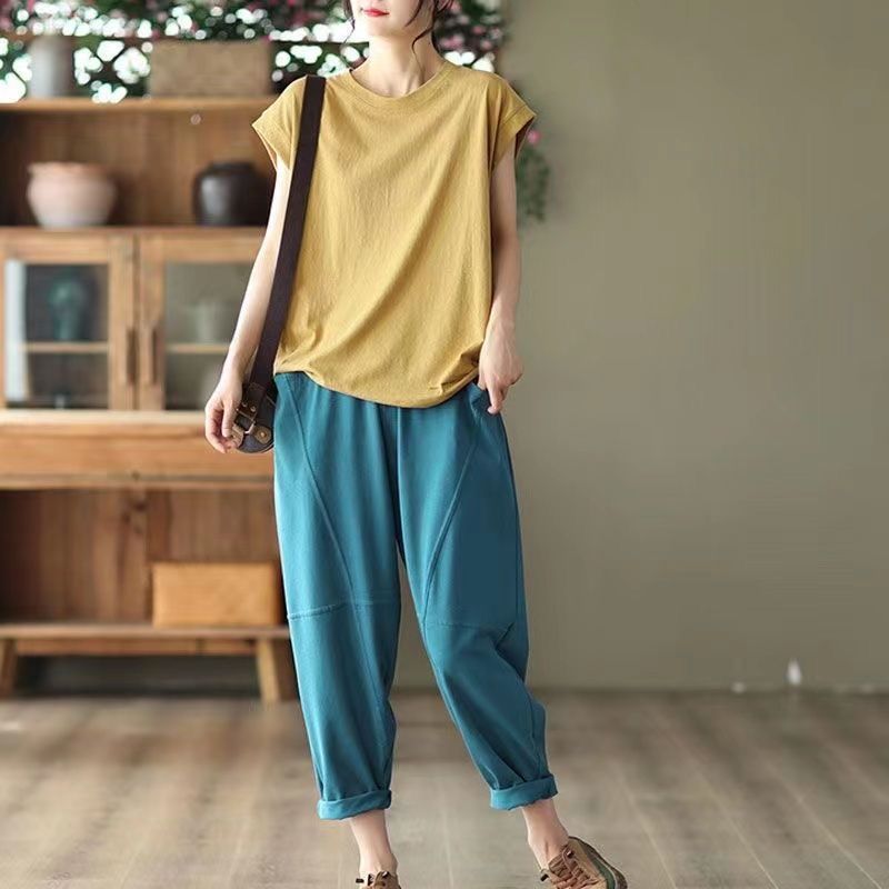 文藝純棉顯瘦圓領休閒純色T恤-HaloBless