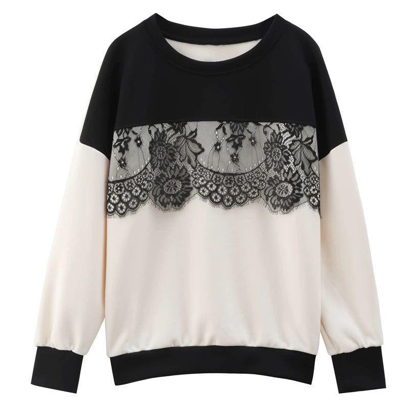 蕾絲拼接寬鬆圓領設計感撞色減齡長袖T恤