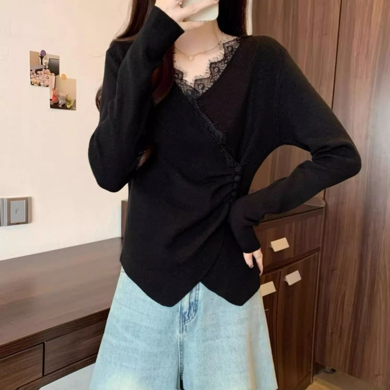 大碼德絨蕾絲拼接V領不規則交叉長袖T恤