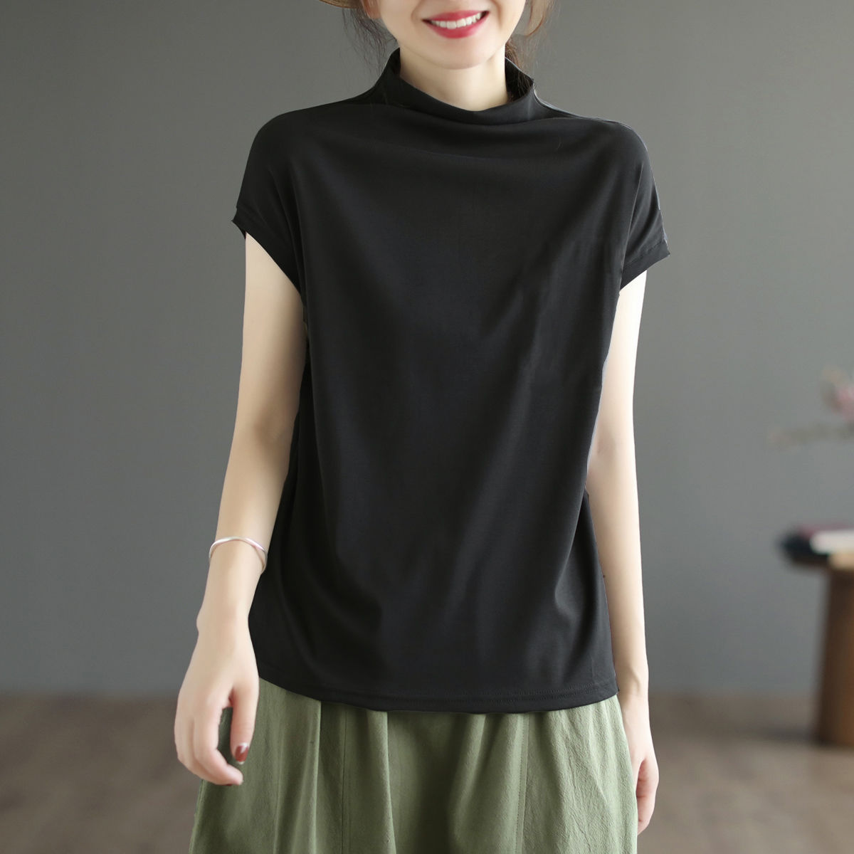 純棉文藝寬鬆顯瘦百搭半高領t恤短袖-HaloBless