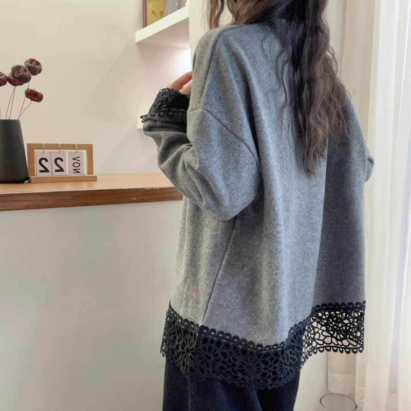 大碼雙面德絨蕾絲拼接寬鬆顯瘦長袖