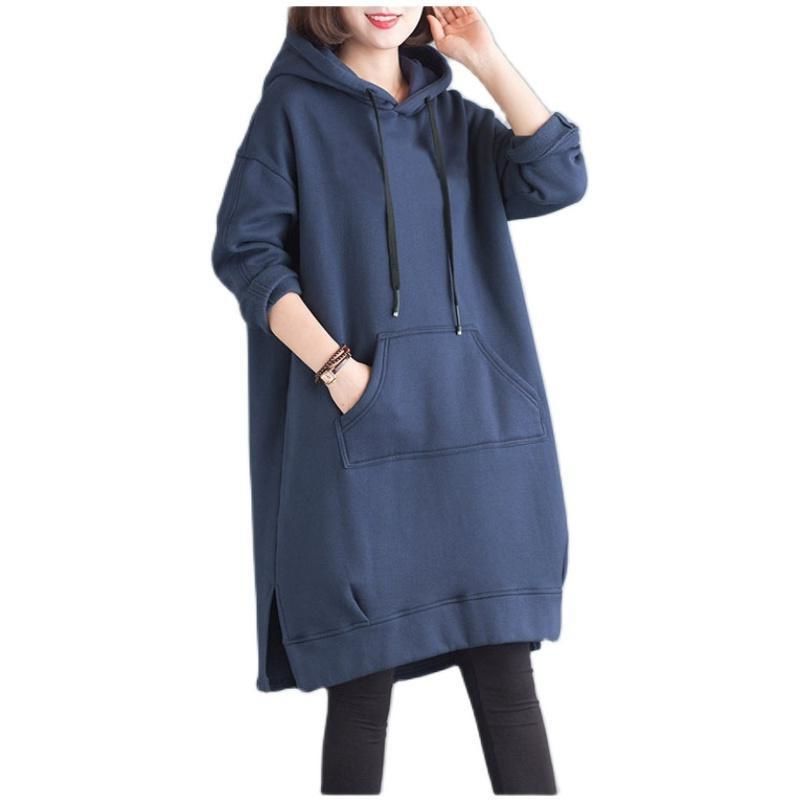 寬鬆刷毛加厚素色開叉中長款連帽T