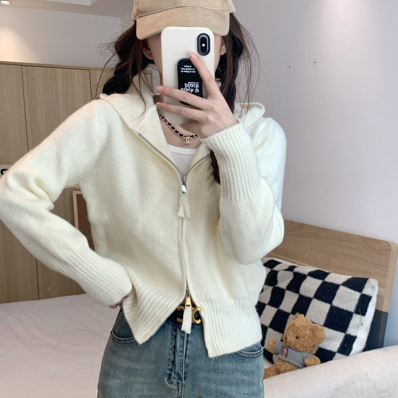 慵懶風拉鍊正肩短版外套連帽針織開衫