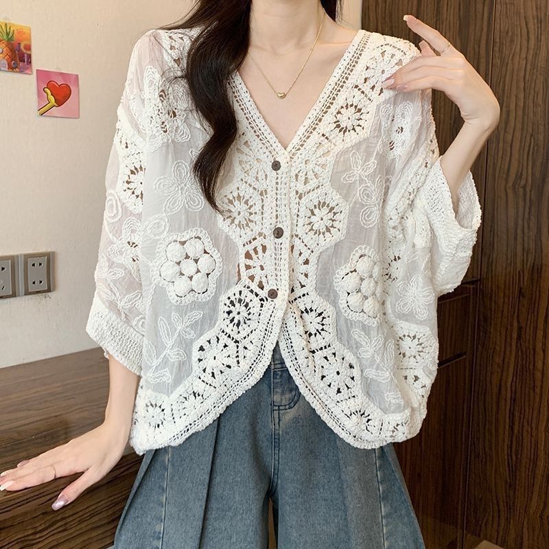 波西米亞風鉤花鏤空V領大碼防曬開衫襯衫-HaloBless