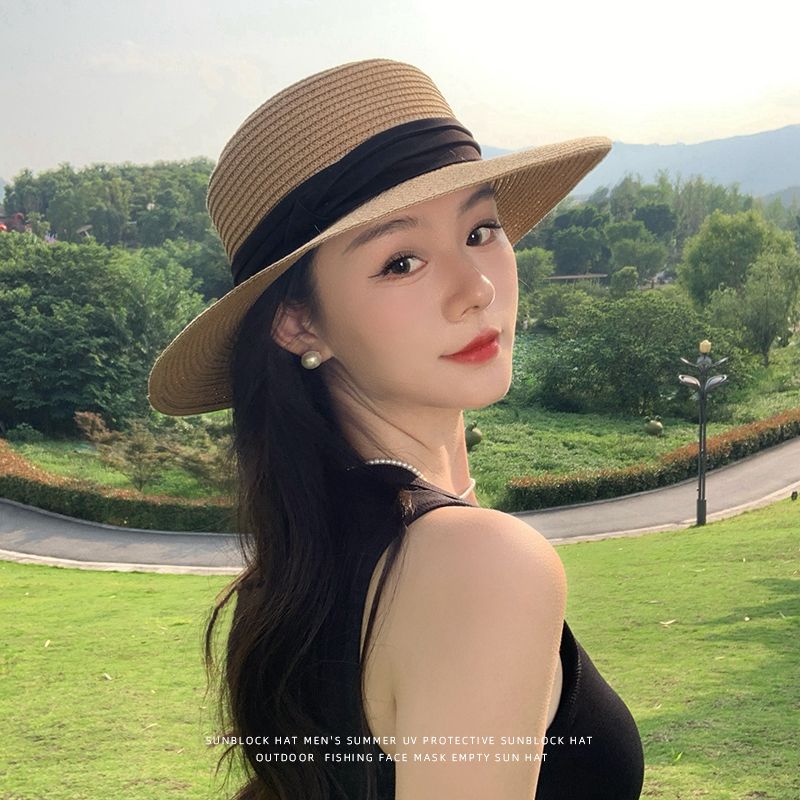 赫本風法式平頂草帽大帽檐遮陽防曬帽度假沙灘帽-HaloBless