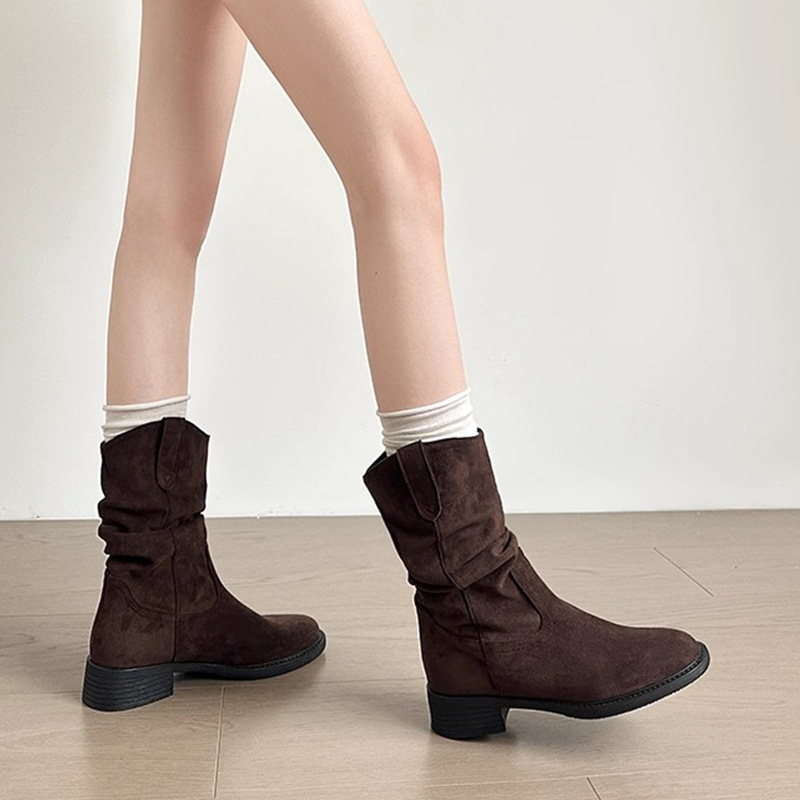 美拉德復古中筒牛仔堆堆短靴粗跟馬丁靴-HaloBless