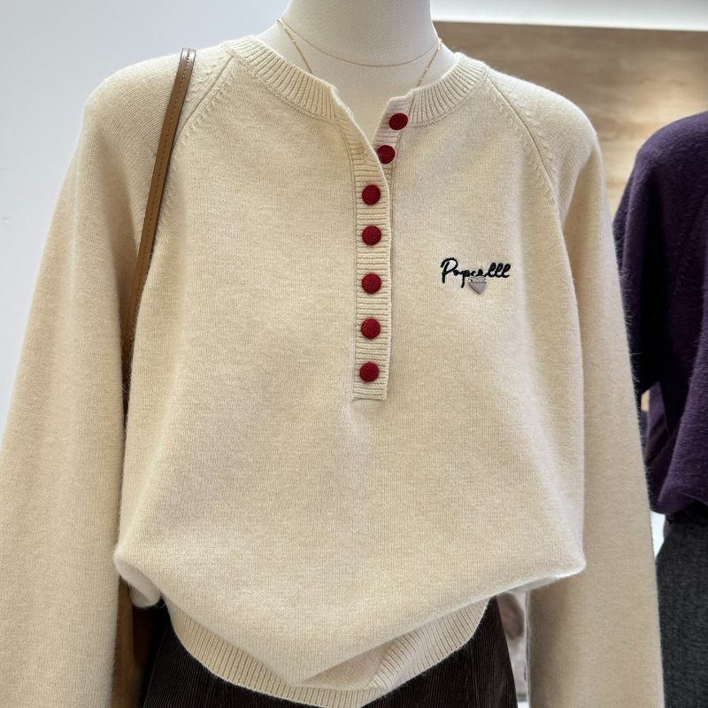 韓系半開領紐扣時尚顯瘦字母刺繡針織毛衣