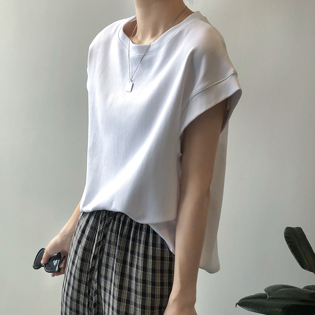 純棉落肩袖高級感寬鬆減齡洋氣短袖t恤-HaloBless